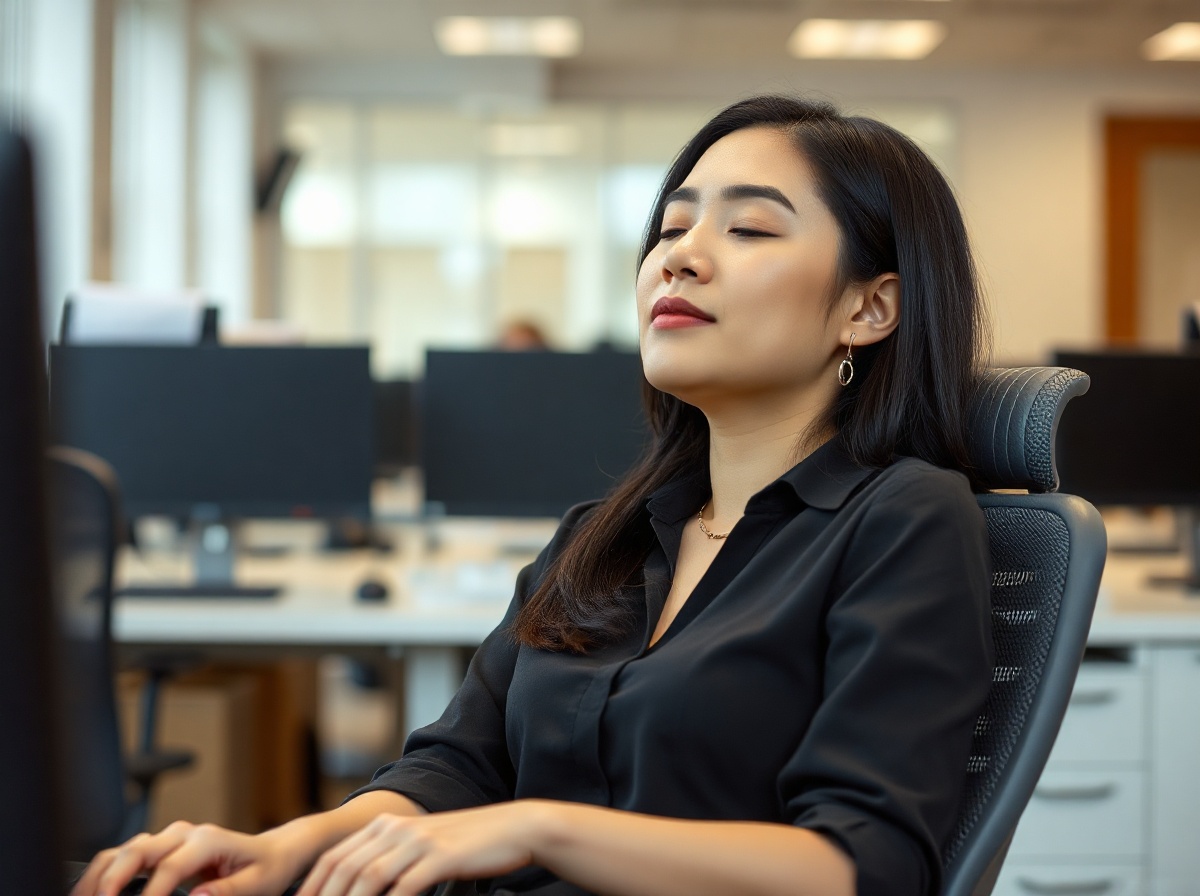 Vietnamese office woman sitting in ergonomic chair wearing Renpho Eyeris 3 black