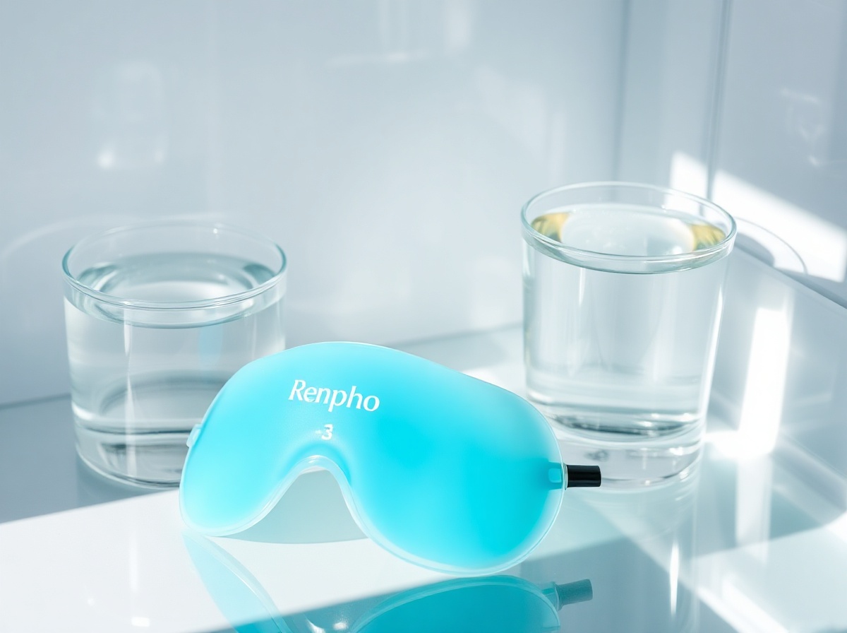 Renpho Eyeris 3 cooling gel mask in clear blue-green color inside refrigerator c