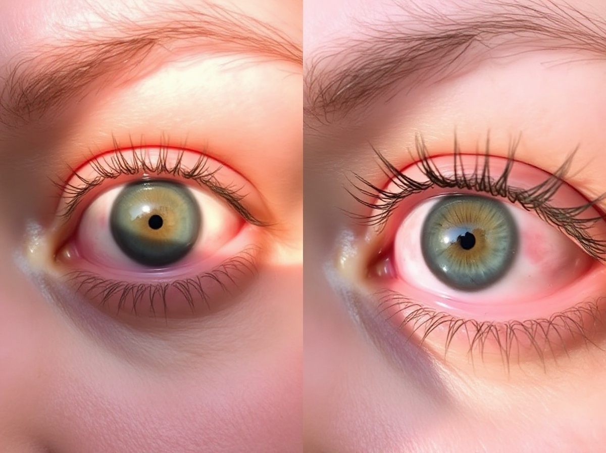 Close-up comparison: left eye showing dark under-eye circles and mild puffiness