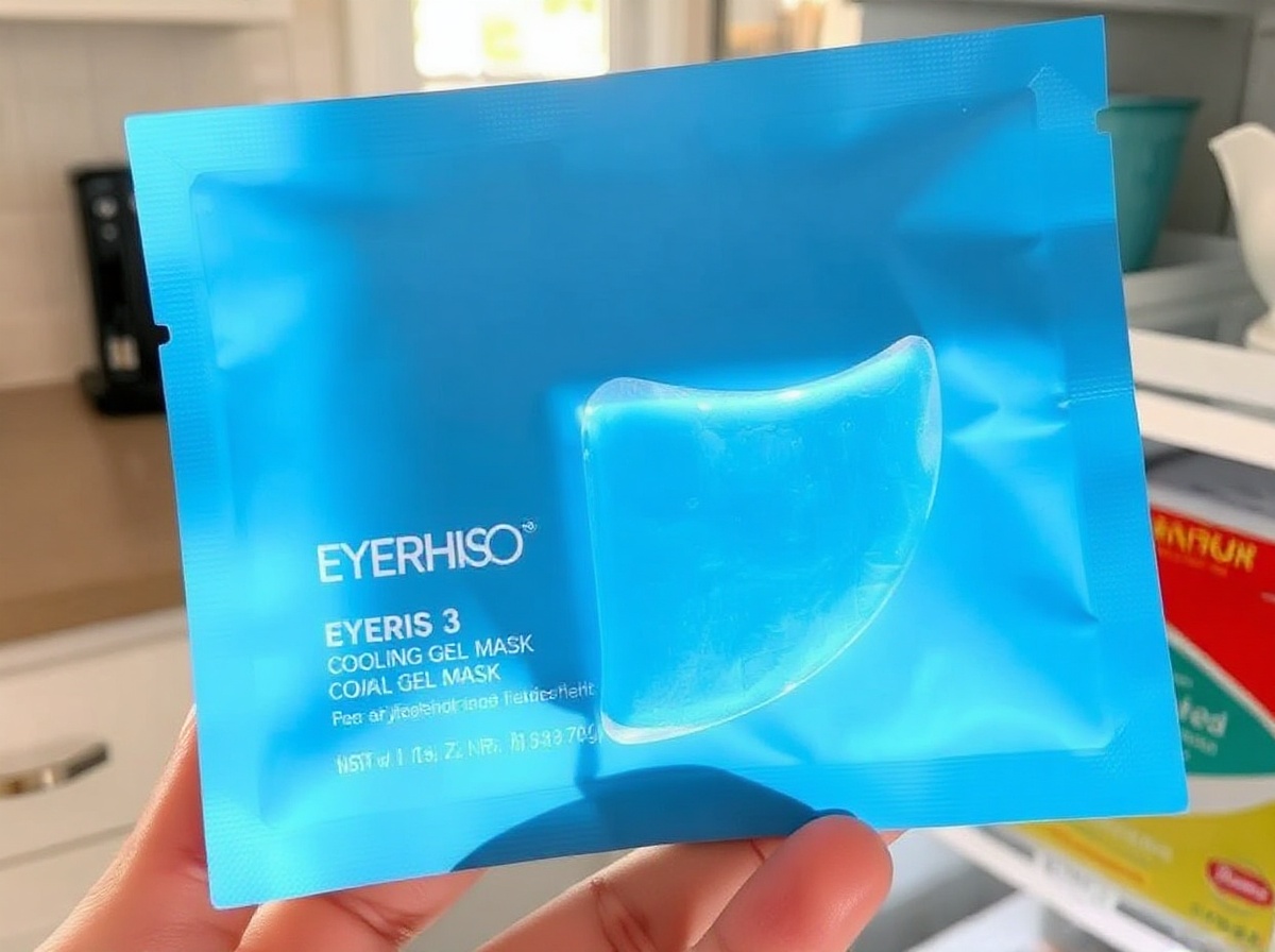 Hand holding Renpho Eyeris 3 blue cooling gel mask, removing from refrigerator. 