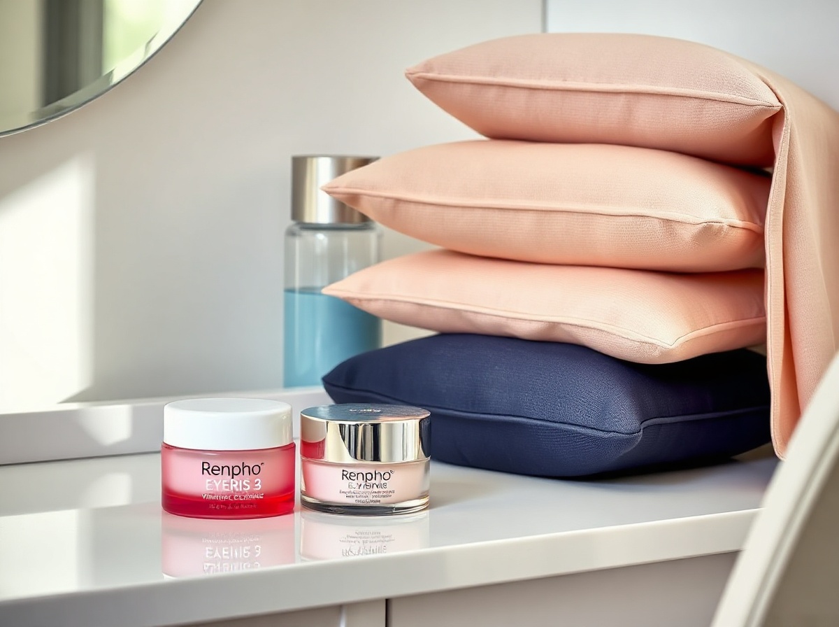 Woman's vanity corner: Renpho Eyeris 3 pink on surface beside vitamin C eye crea
