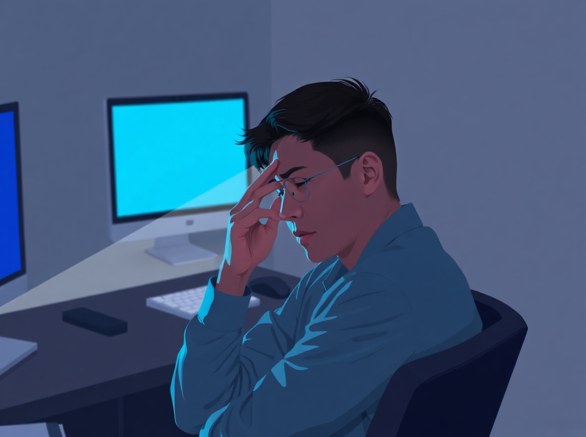 Office worker sitting at computer in dark room, blue screen light illuminating f