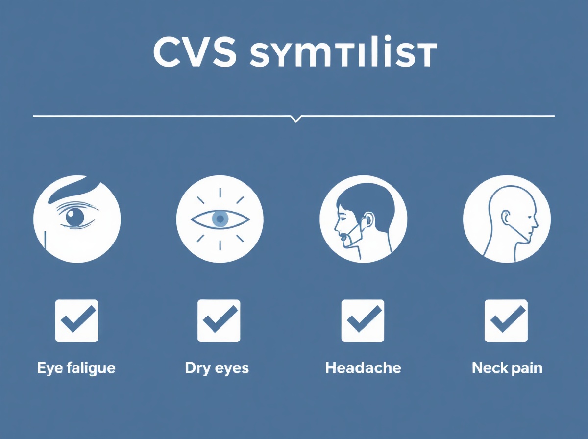 Simple infographic checklist: 5 CVS symptoms with checkbox icons - eye fatigue, 