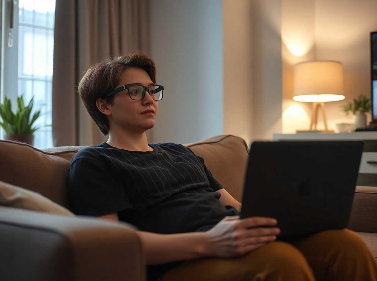 Person wearing Renpho Eyeris 3 relaxing on sofa after work, laptop closed beside