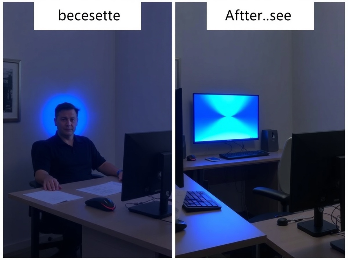 Before and after comparison: same person at desk - left showing blue light haze 