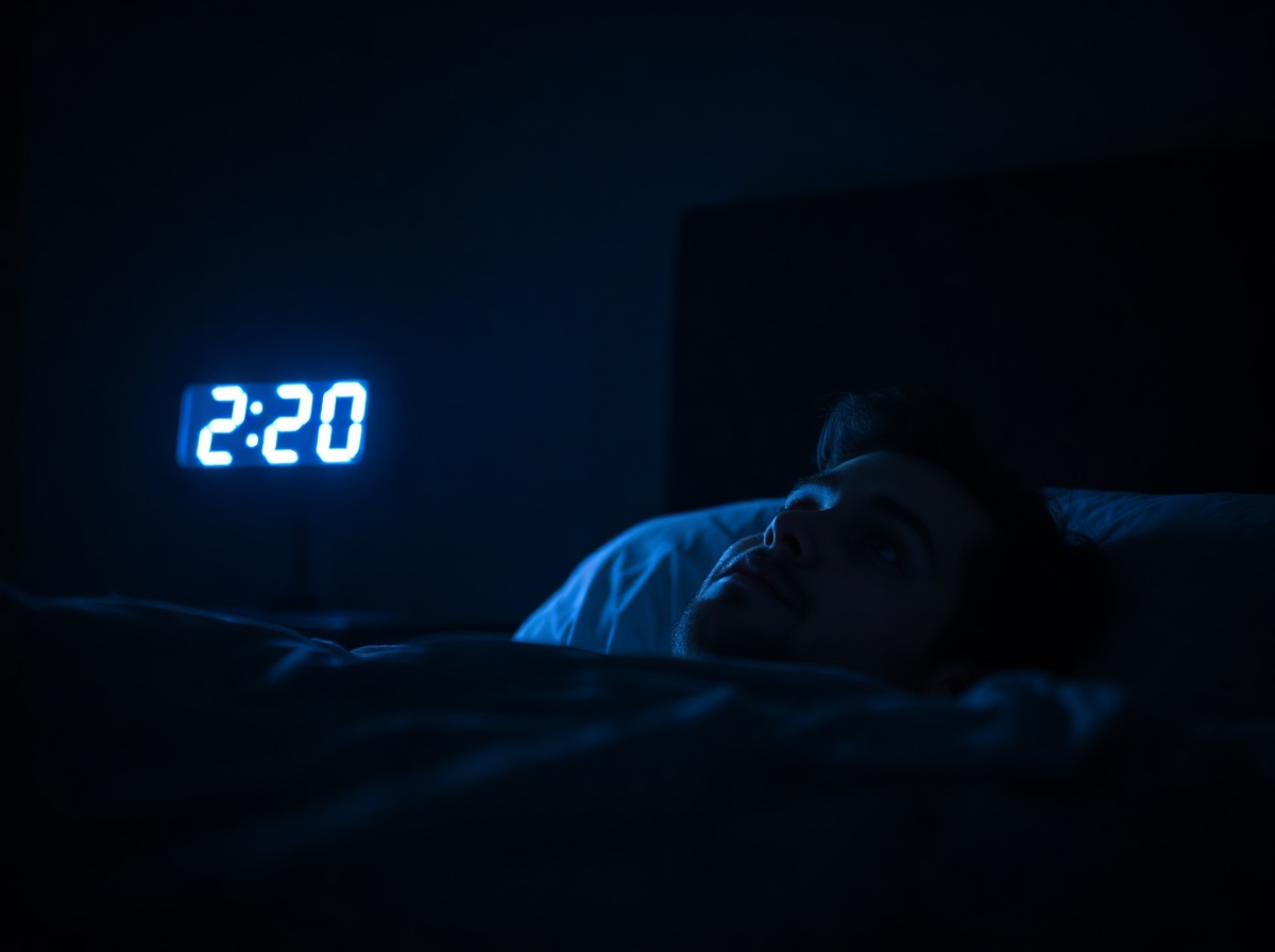 Dark bedroom, digital clock showing 2:17 AM, person lying in bed wide awake star
