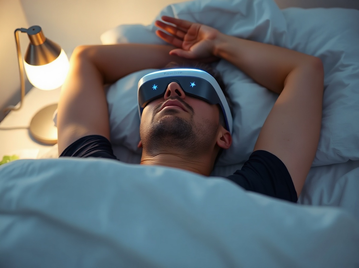 Person in bed wearing Renpho Eyeris 3 with cooling gel, lying on back, completel