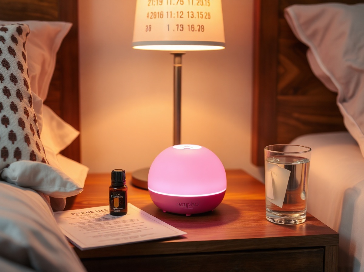 Wellness bedside setup: Renpho Eyeris 3 pink on nightstand, essential oil diffus