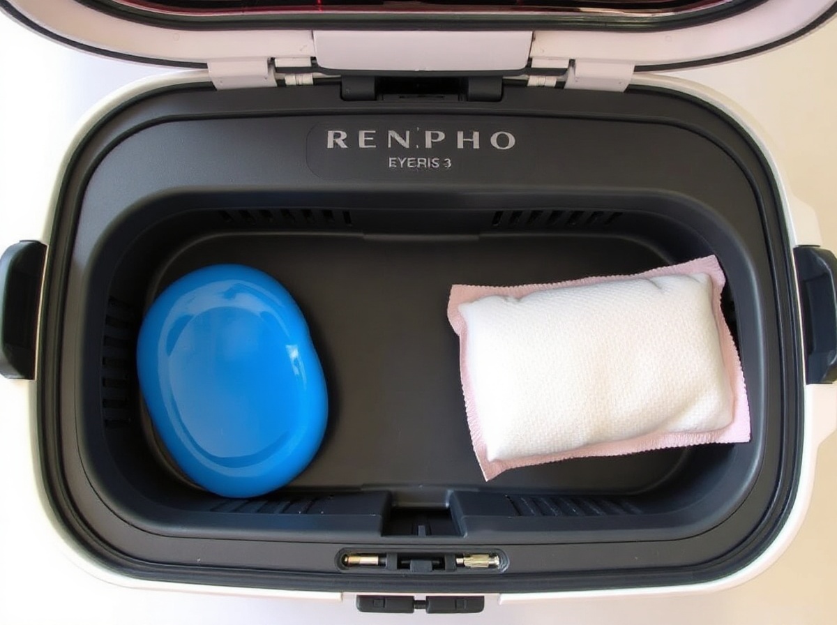 Renpho Eyeris 3 blue cooling gel mask and heating pad placed side by side, both 