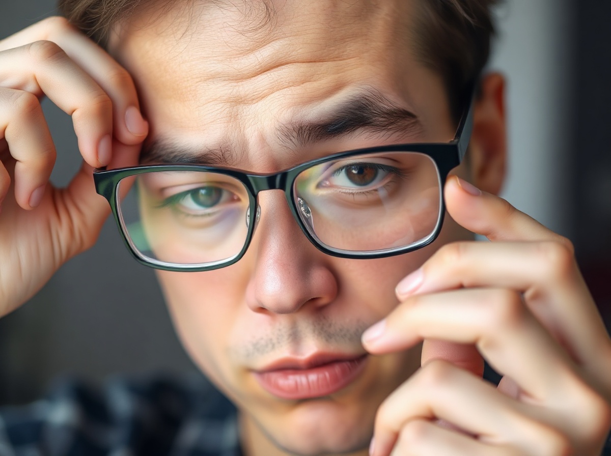 Person removing glasses, squinting slightly trying to see clearly without them.