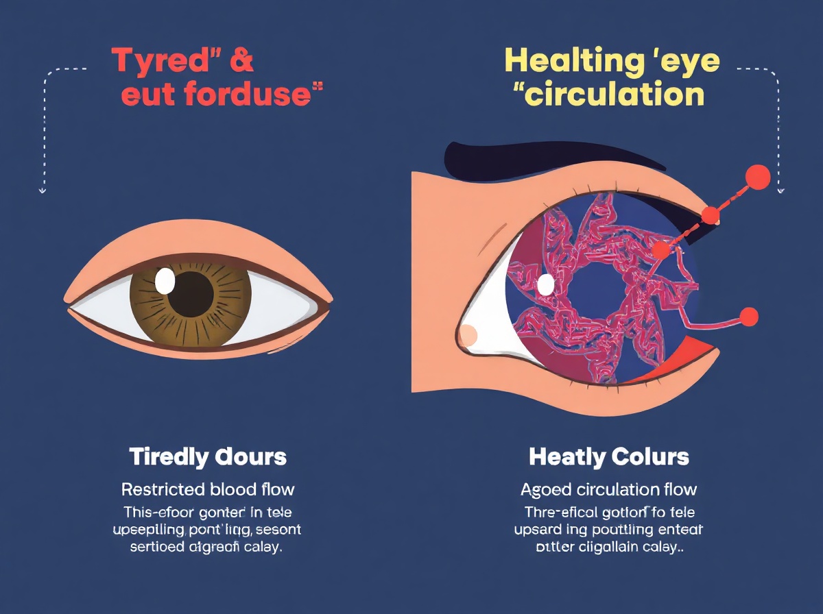 Split infographic: left showing tired eye with restricted blood flow (muted colo