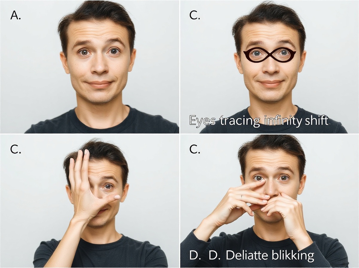 Four-panel exercise guide: A) Finger near eye for focus shift B) Eyes tracing in