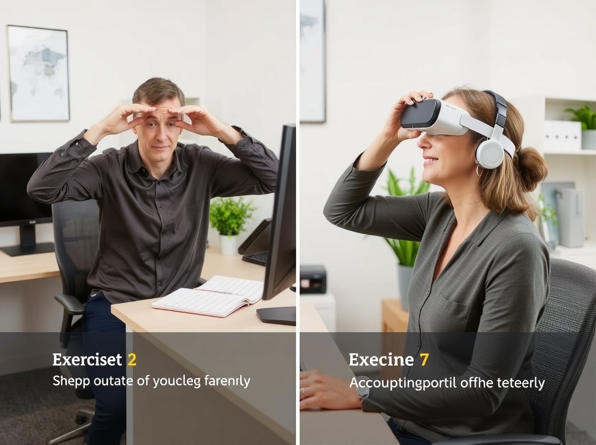 Person doing eye exercises at desk, then transitioning to wearing Renpho Eyeris