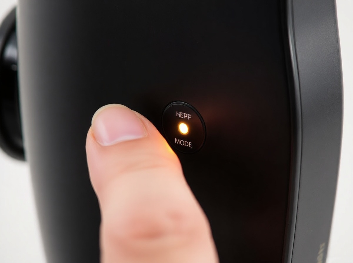 Hand pressing Mode button on Renpho Eyeris 3 side panel, LED indicator lit showi
