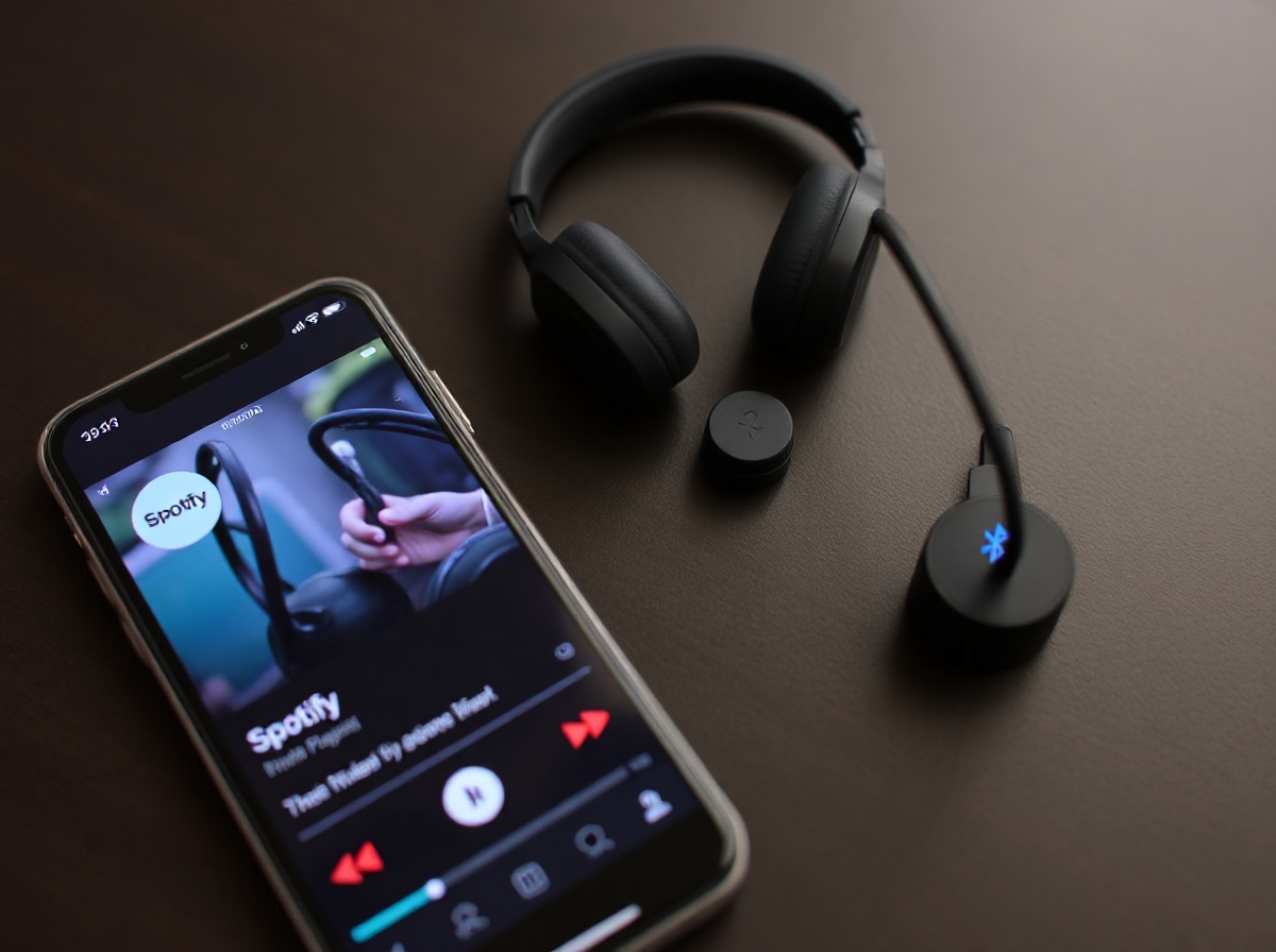 Smartphone showing Spotify playlist playing, connected to Renpho Eyeris 3 via Bl