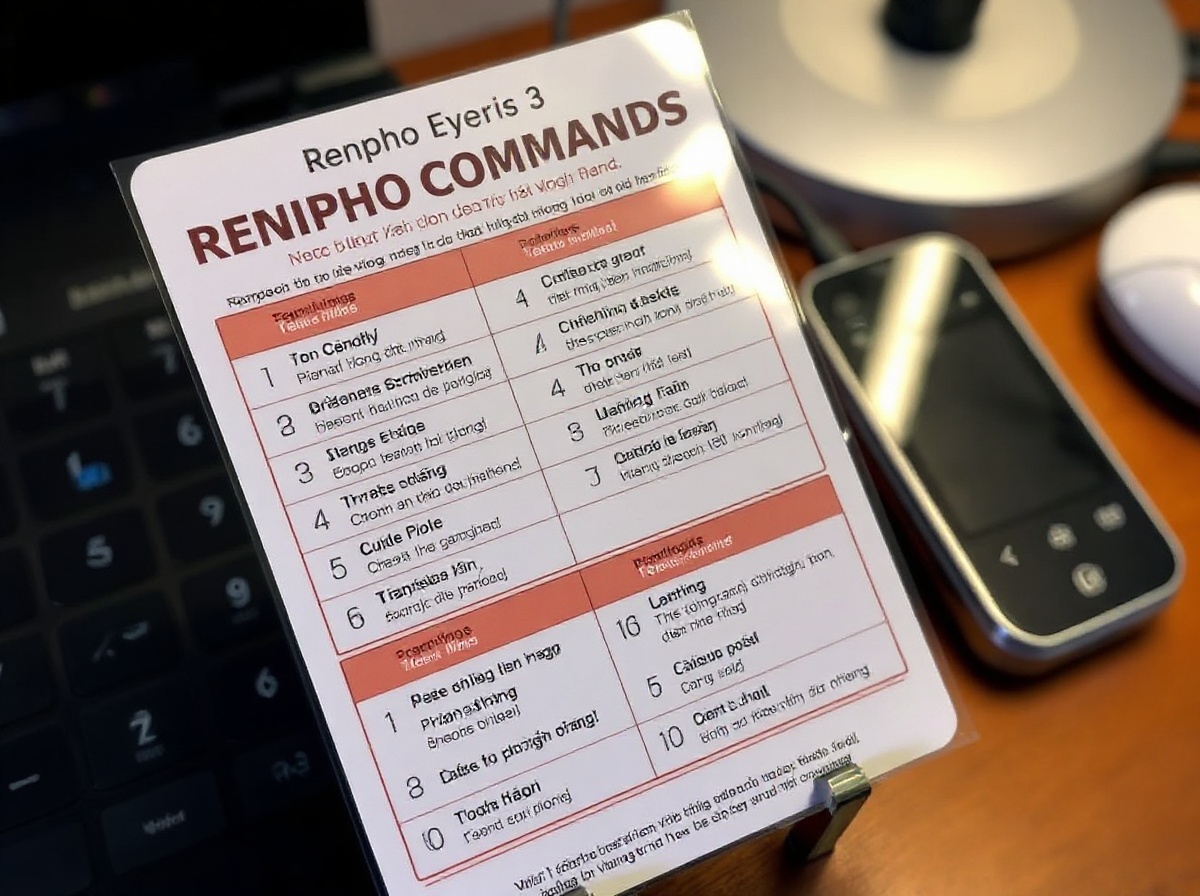 Laminated card showing 18 voice commands for Renpho Eyeris 3 with Vietnamese pho