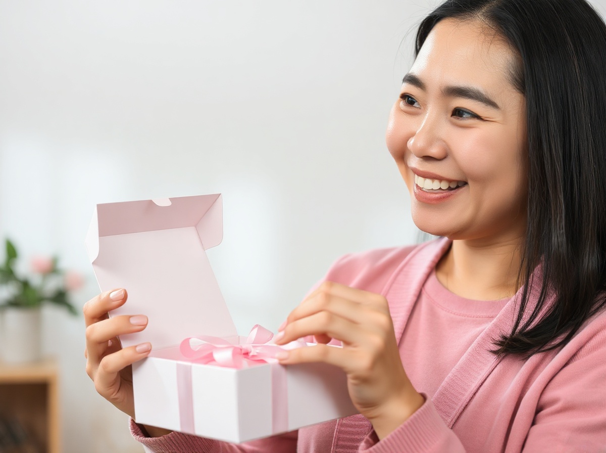 Vietnamese woman in her 30s opening gift box containing Renpho Eyeris 3 pink, su