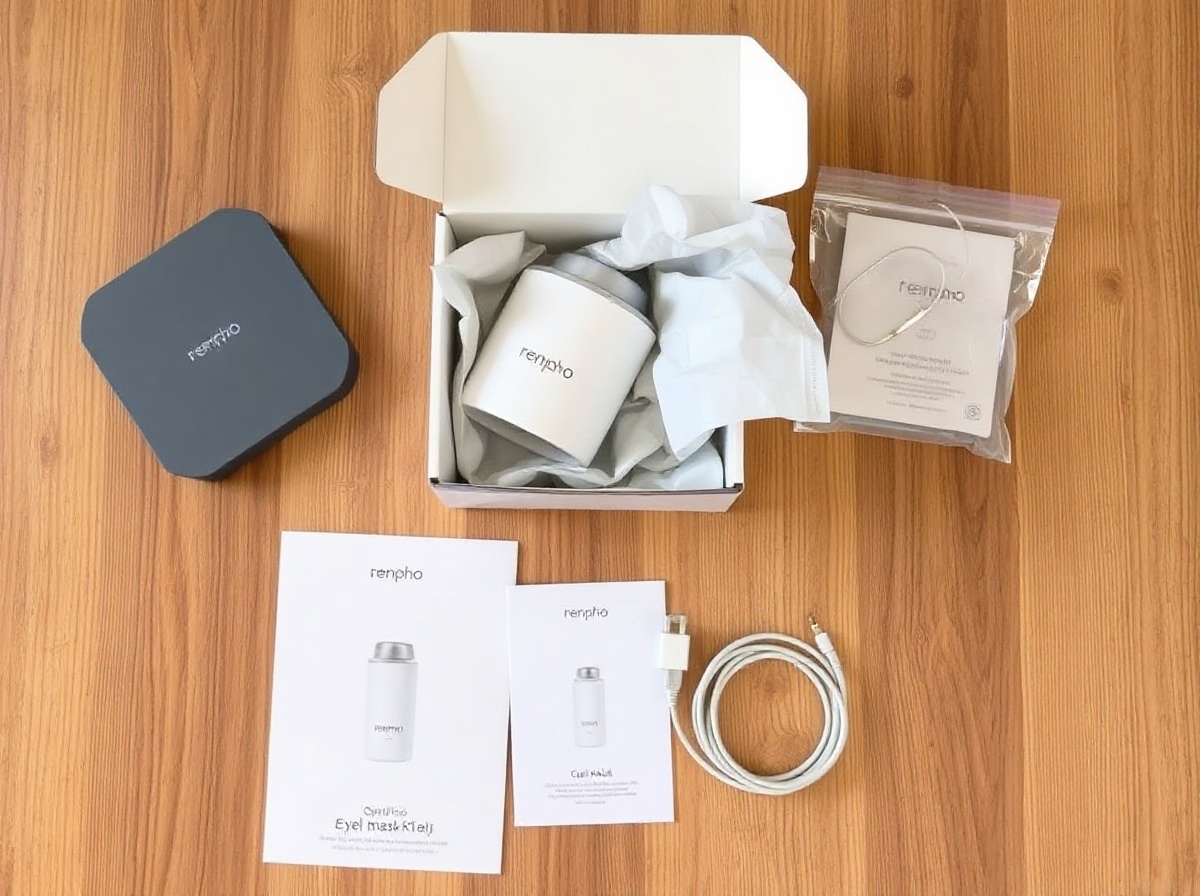 Eye massager box just opened on wooden table. Product in white tissue gel mask i