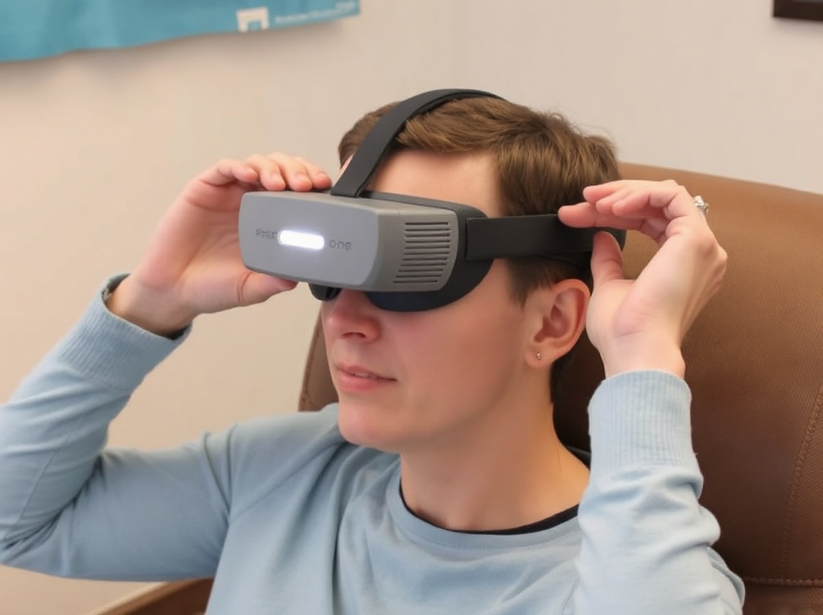 Person wearing Renpho Eyeris 3 correctly: device fitting snugly around eyes, no 