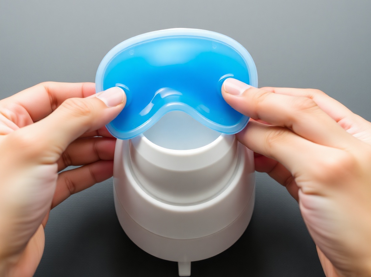 Hands carefully inserting Renpho Eyeris 3 blue cooling gel mask into the device,