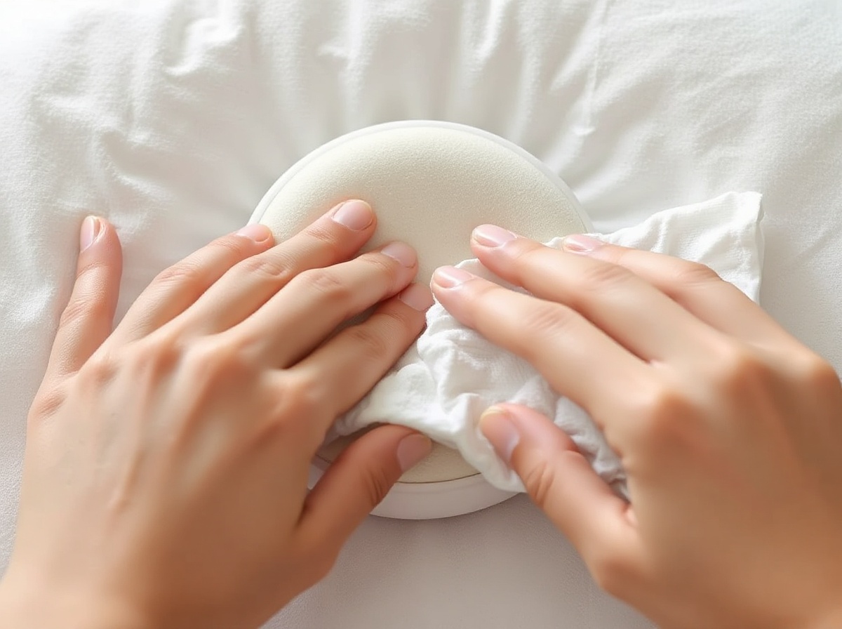 Cotton cloth gently wiping Renpho Eyeris 3 eye cushion area. Proper maintenance 