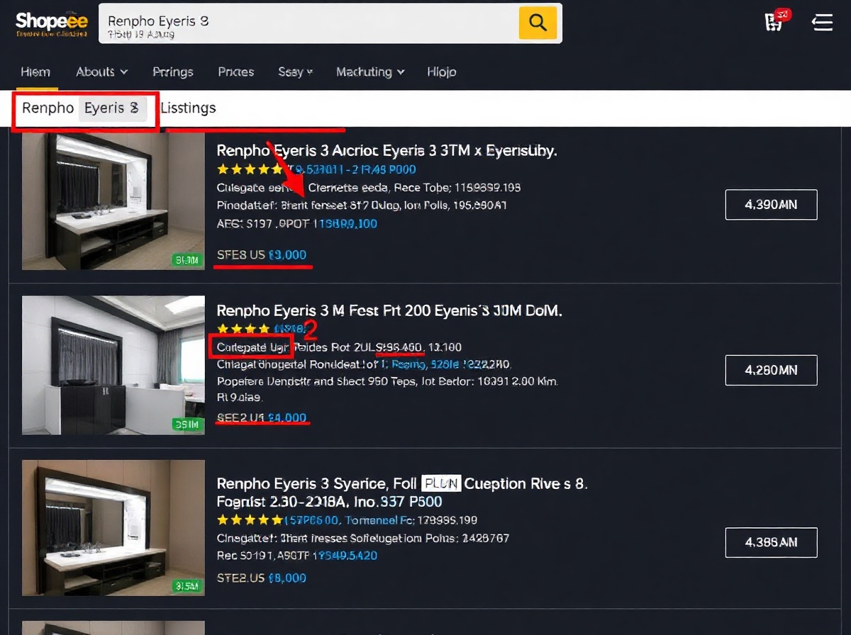Shopee search results page showing Renpho Eyeris 3 listings with varied prices f