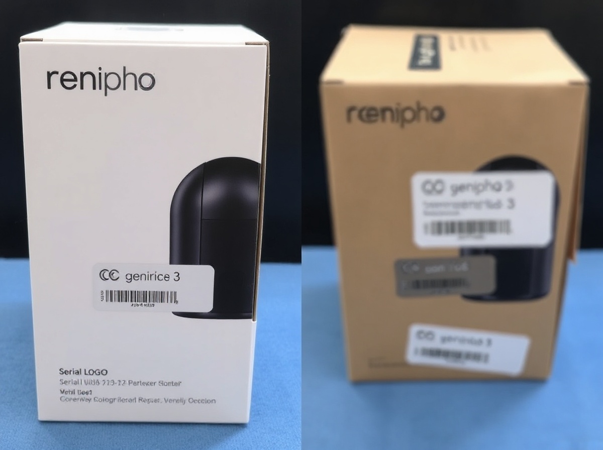 Genuine Renpho Eyeris 3 box showing clear brand logo, serial number on side, war