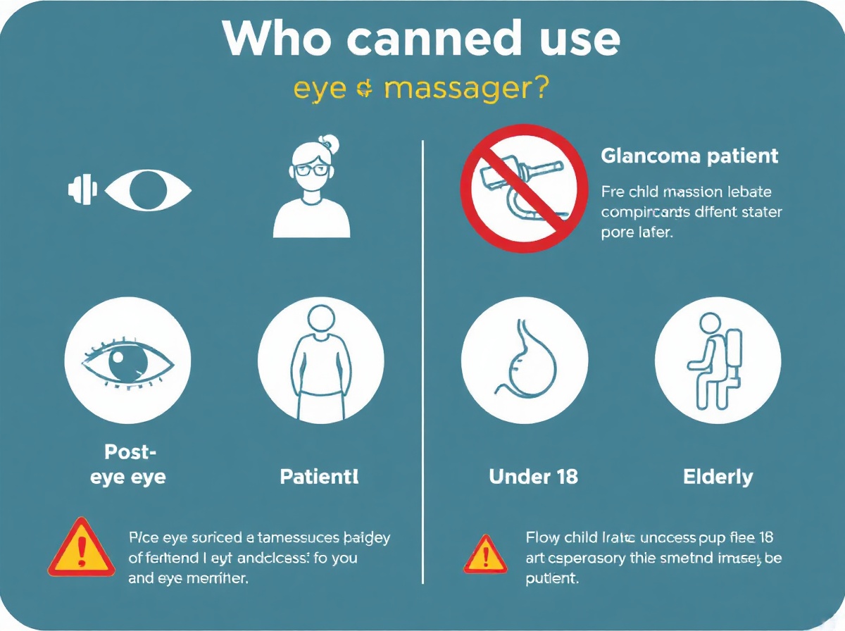 Medical infographic showing who cannot use eye massager: icons for post-eye surg