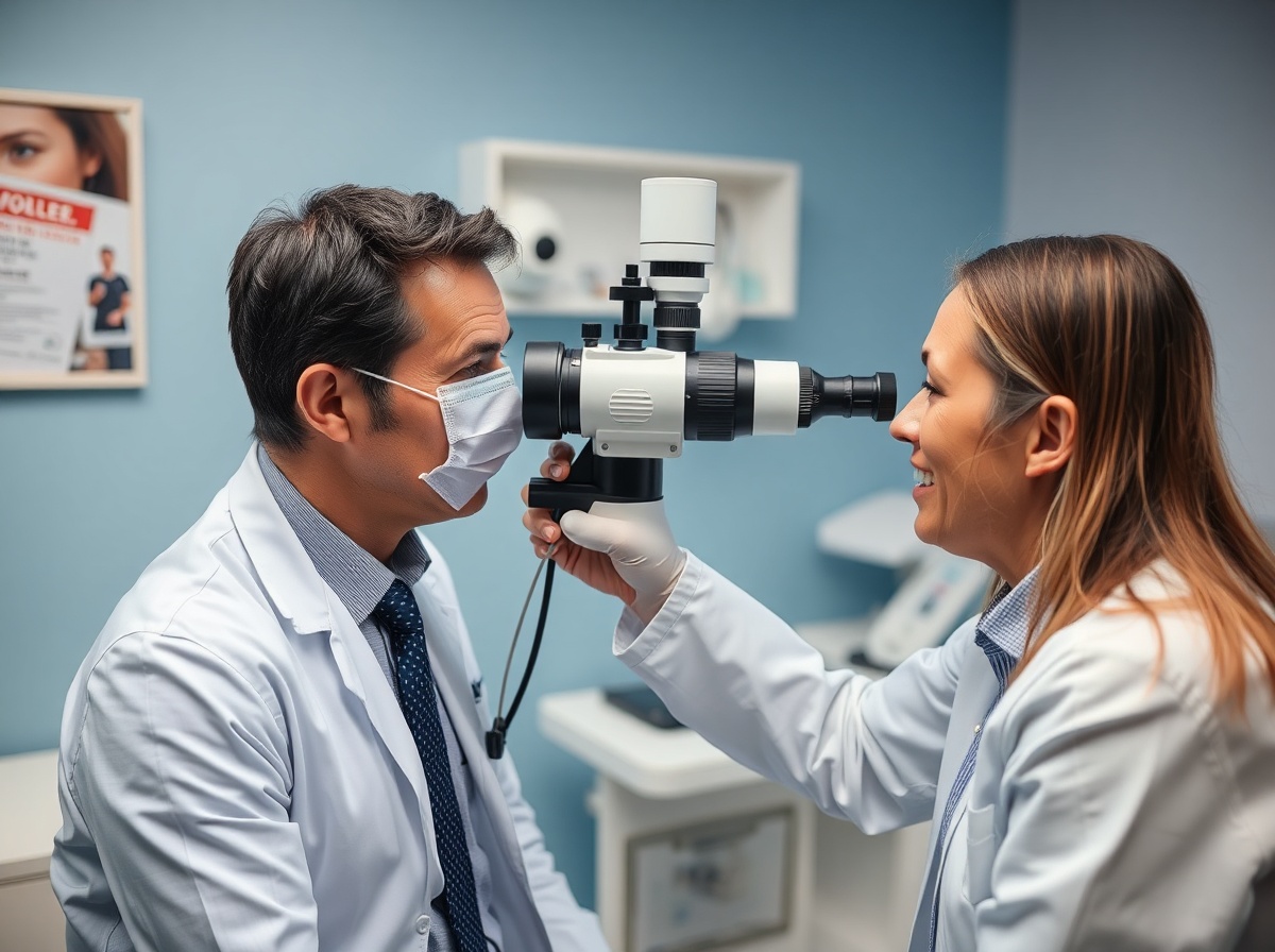 Ophthalmologist examining patient with slit-lamp equipment in professional clini