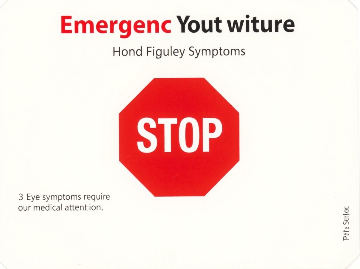 Simple emergency reference card: red stop sign icon, 3 eye symptoms requiring im