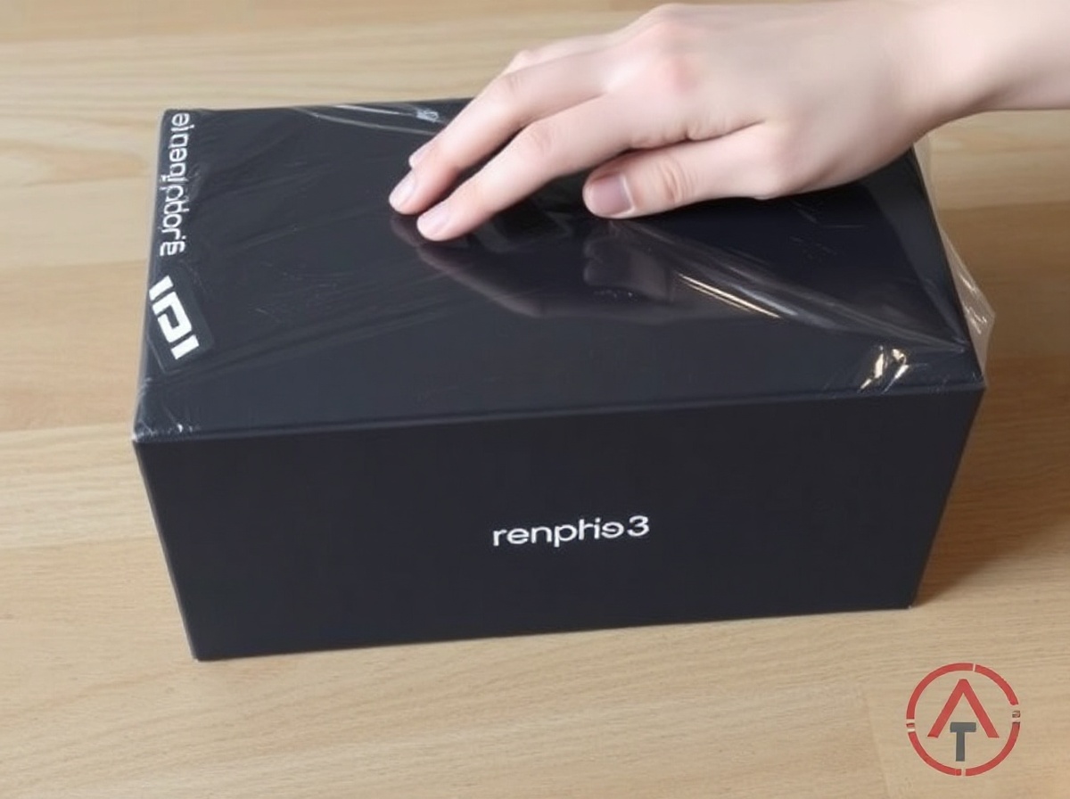 Renpho Eyeris 3 box sealed on clean wood table, Renpho logo clearly printed. Han