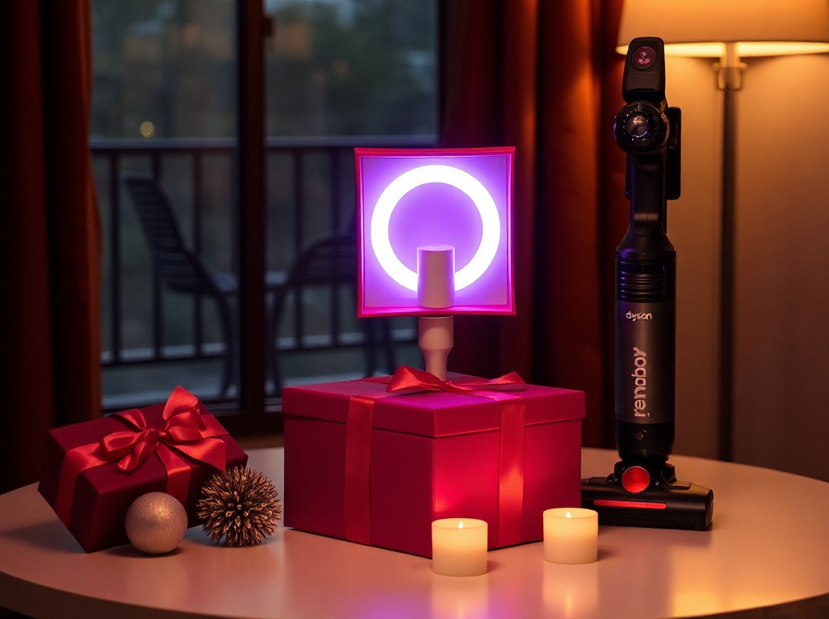 Elegant gift display: eye massager pink in gift box center, decorative gift touc