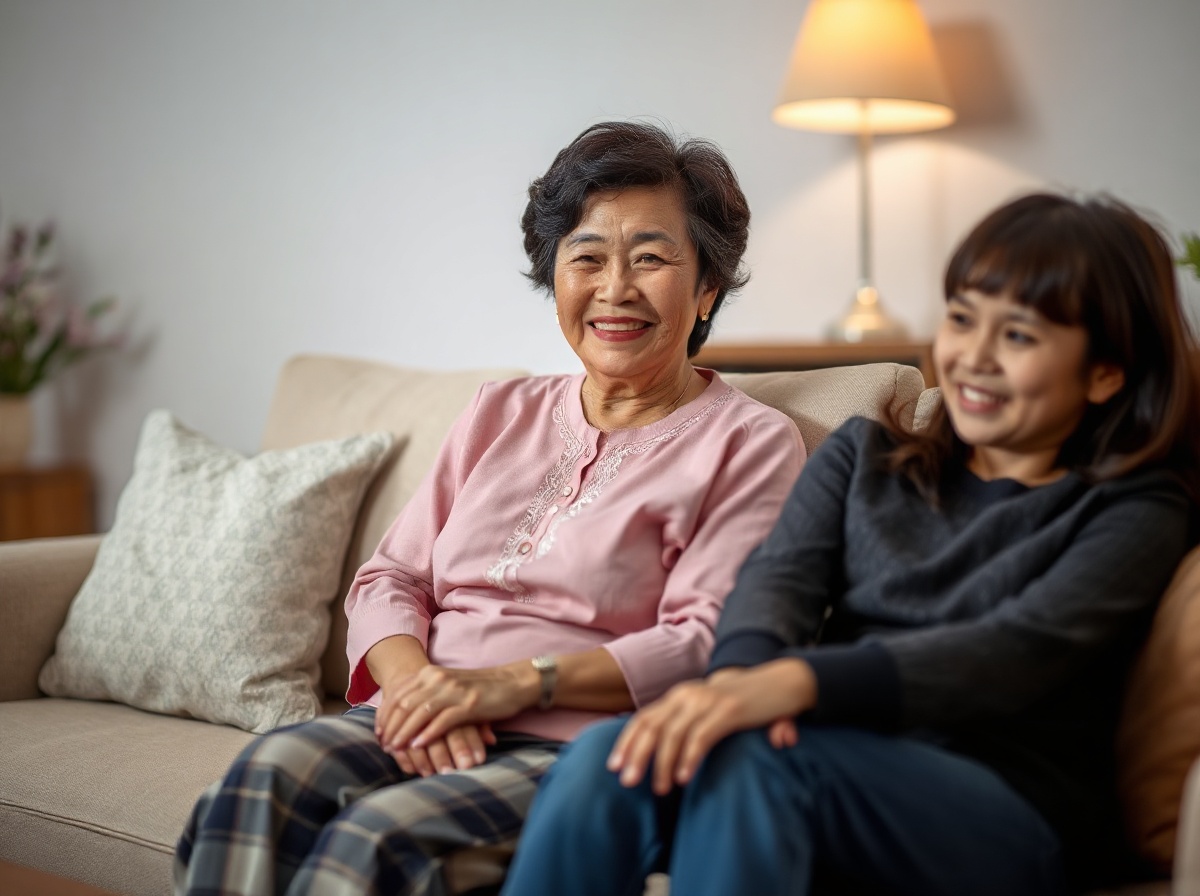 Vietnamese mother around age 55 wearing Renpho Eyeris 3 pink on living room sofa