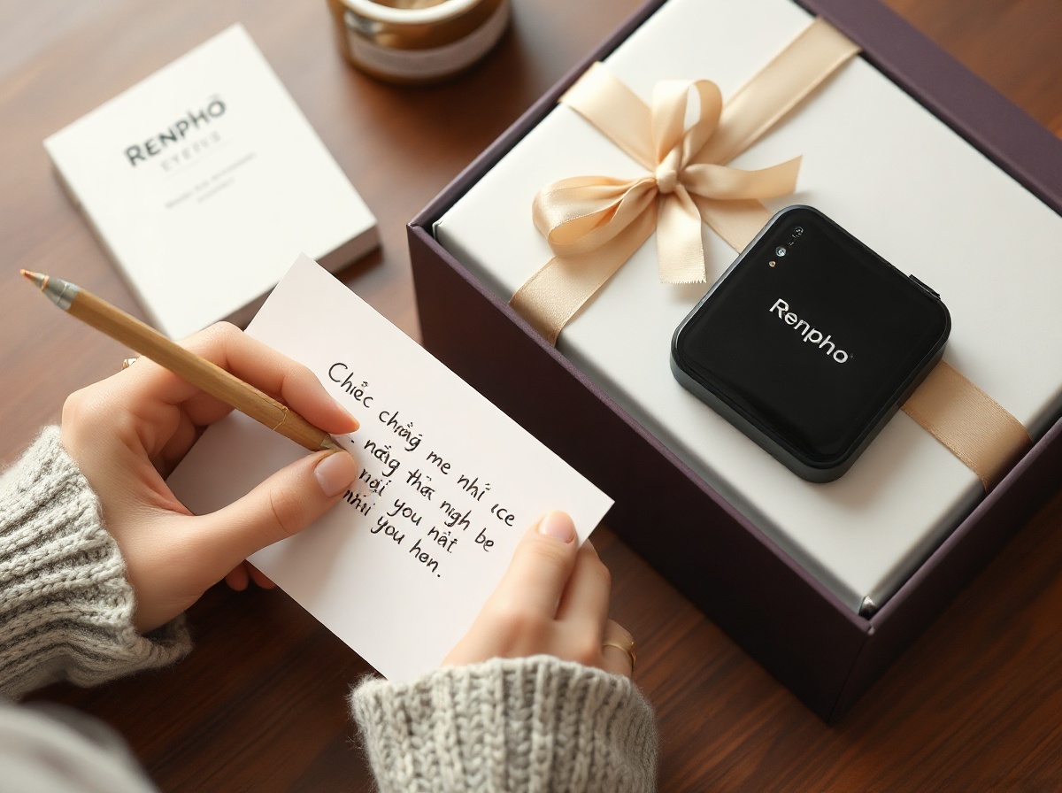 Hand writing personal card note, gift box with Renpho Eyeris 3 beside it. 'Chúc