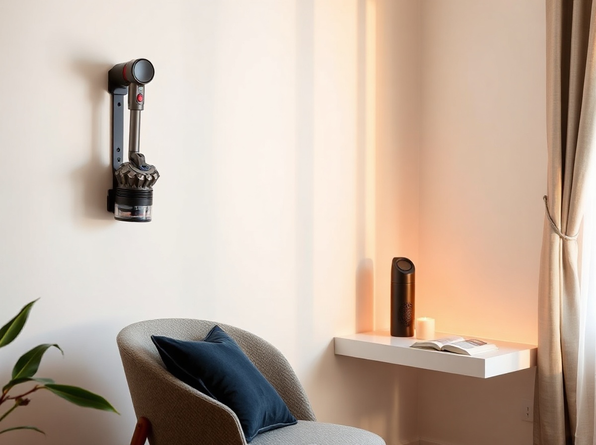 Modern Vietnamese apartment living corner: eye massager black on floating shelf