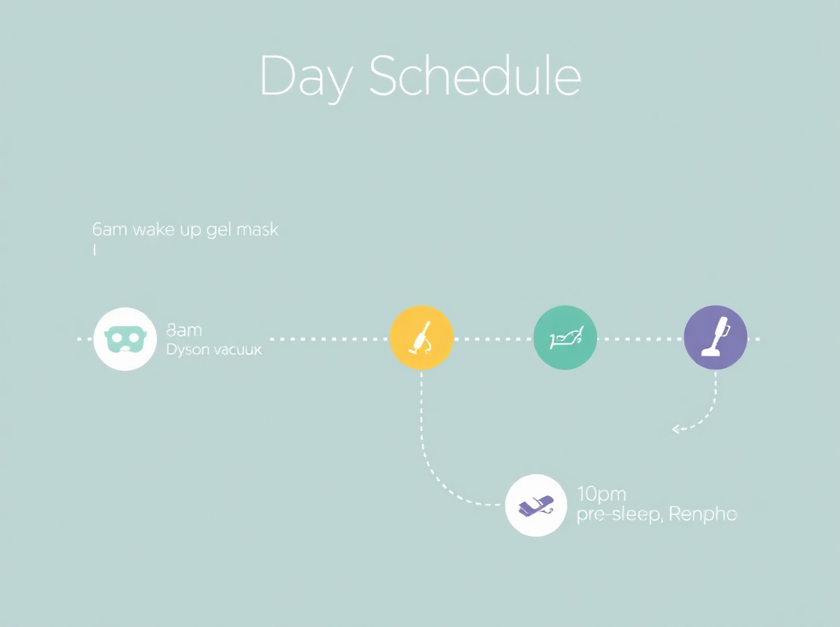 Day schedule infographic: 6am wake up gel mask Renpho → 8am Dyson vacuum → 12pm 