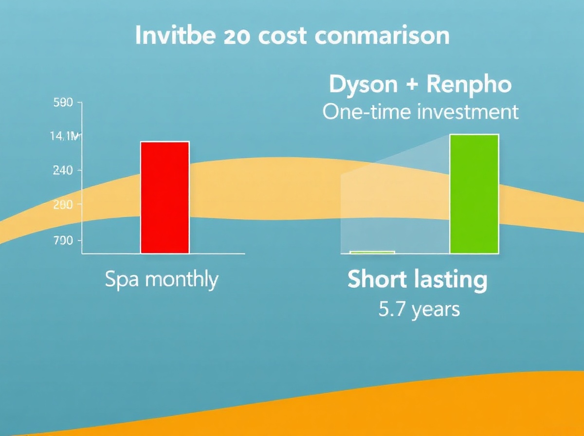 Cost comparison bar chart: Spa monthly cost 14.4M/year (tall red bar) vs Dyson +