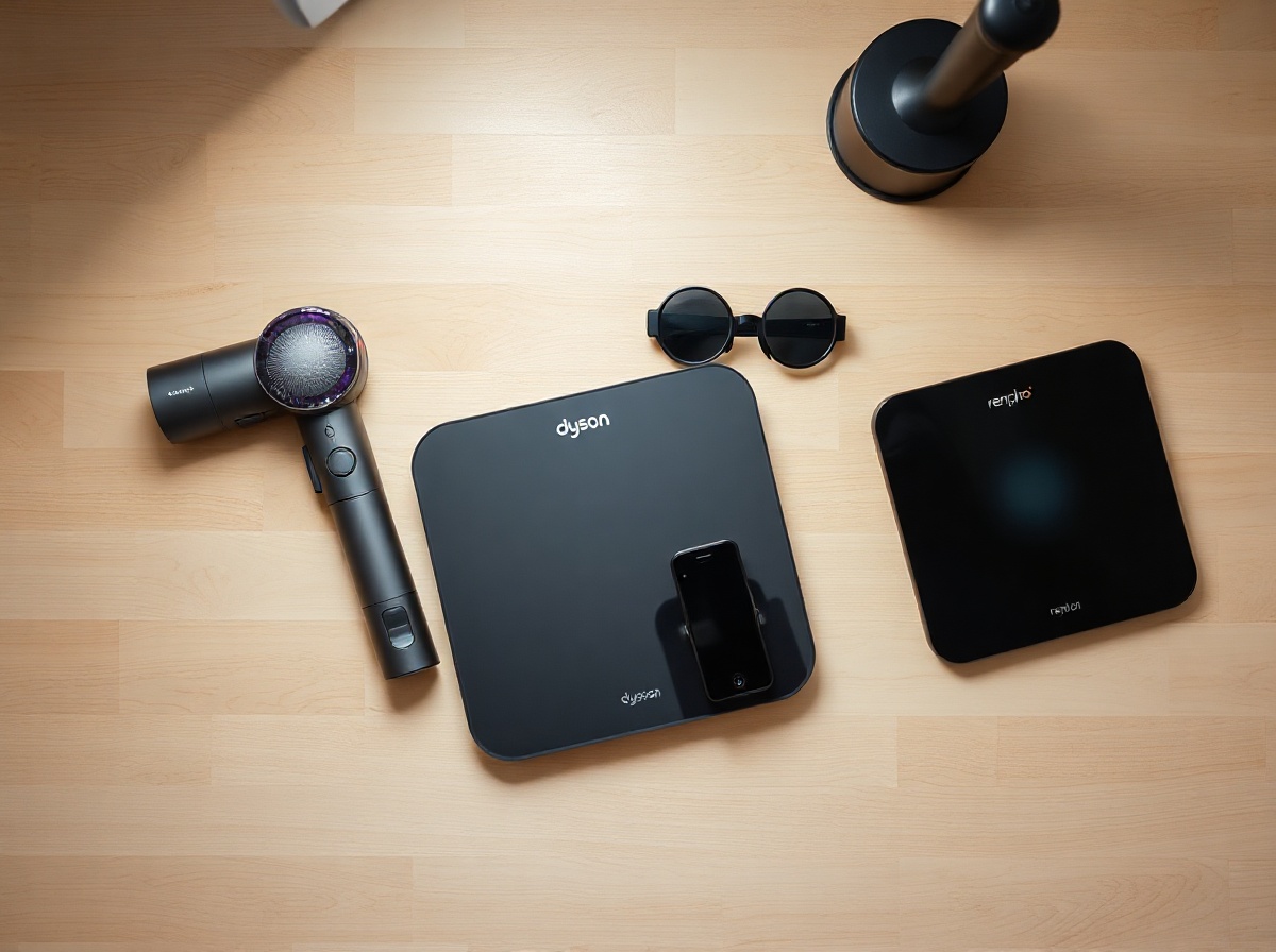 Flat lay wellness tech products on light wood surface: eye massager black and sm