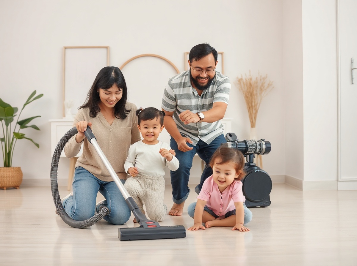Happy Vietnamese family of four: mom wearing Renpho Eyeris 3, dad vacuuming with